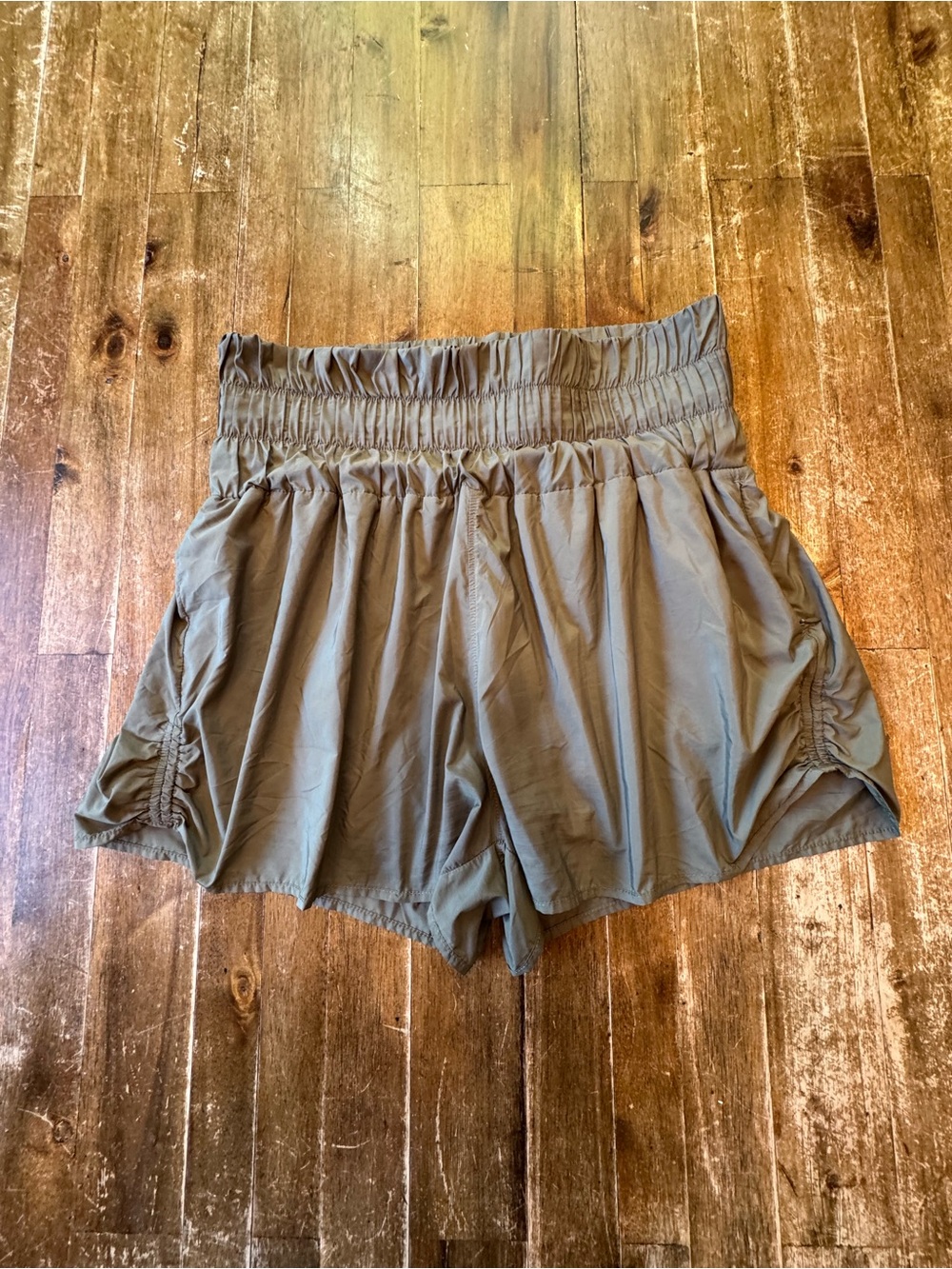 Mondetta Brand High-Waist Olive Green Smocked Waist Athletic Shorts With Pocket